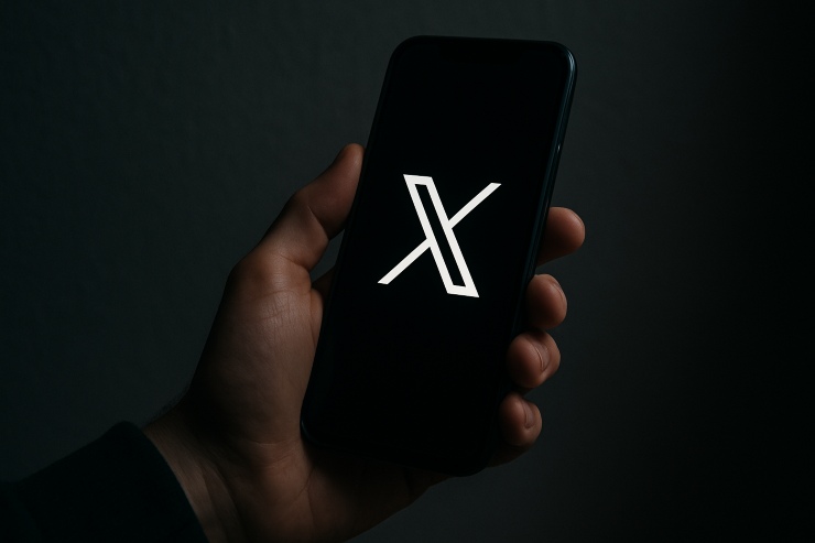 Uomo con in mano un telefono e sfondo X