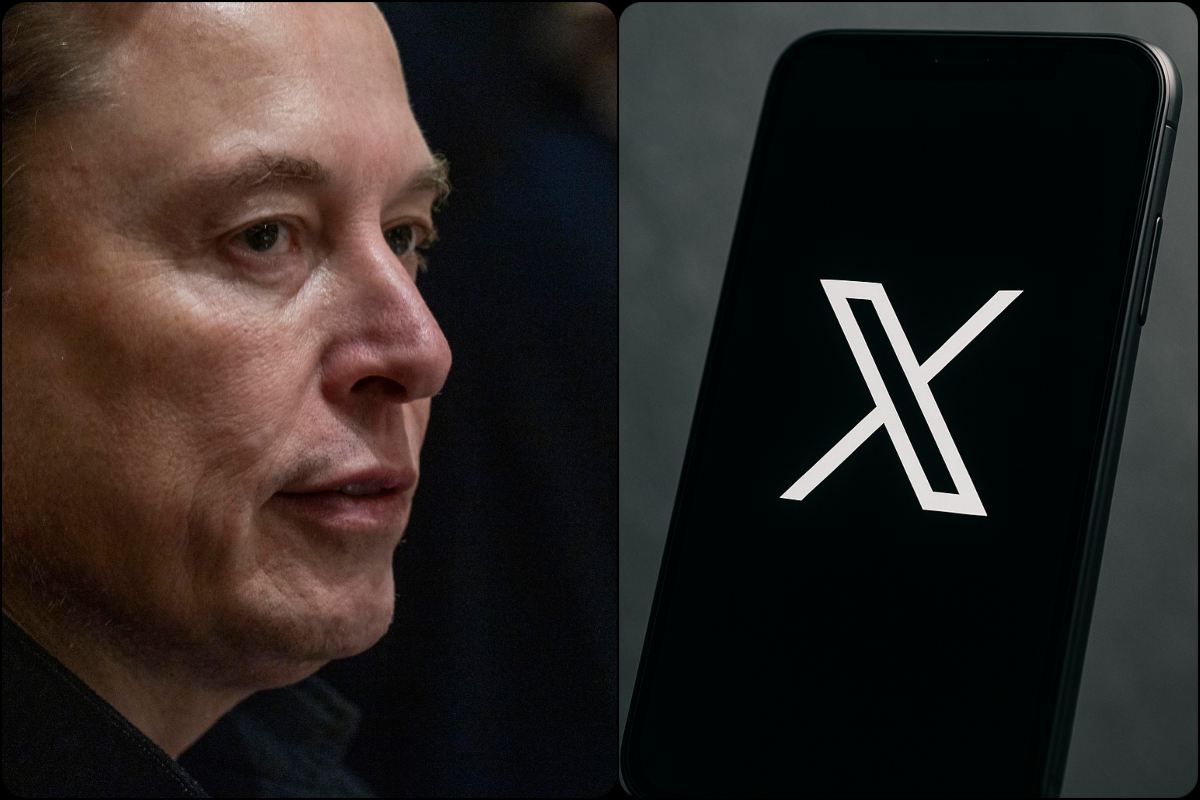 Collage Elon Musk e smartphone con sfondo X