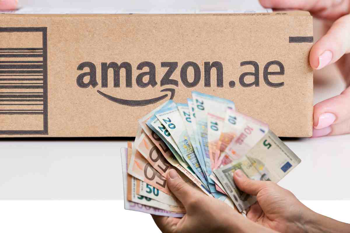 Pacco Amazon e soldi in euro tra due mani