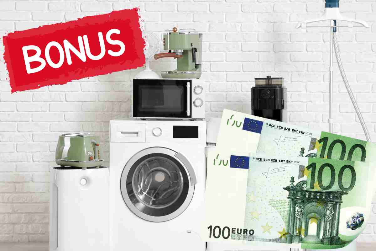 Elettrodomestici nuovi con la scritta bonus e due 100 euro