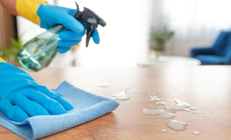 pulire mobili con spray e spugna