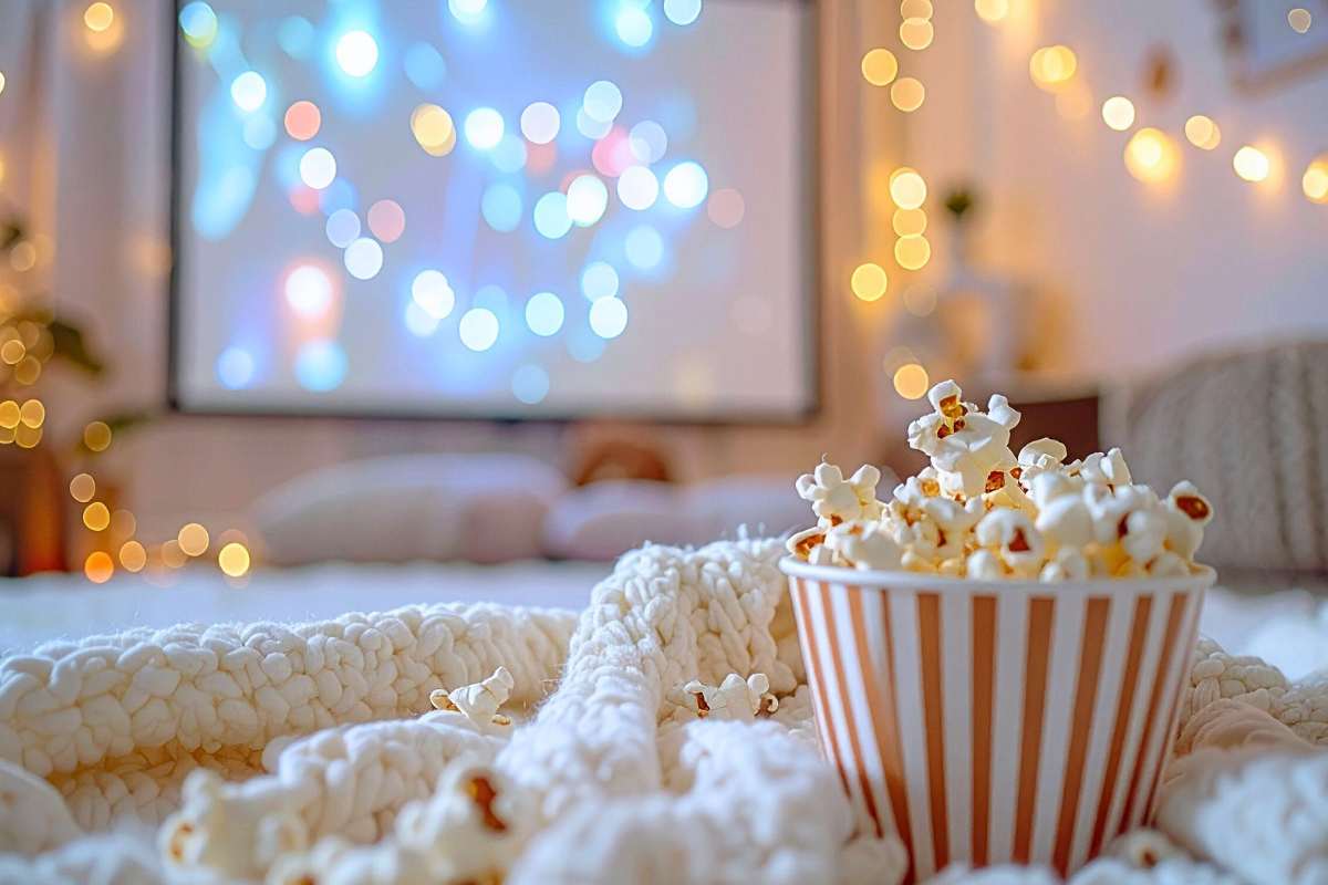 luci di Natale, schermo e pop corn