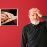 uomo anziano preoccupato con una mano sulla fonte e persona che gratta un gratta e vinci