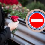 persona con in mano una rosa rossa accanto ad una bara