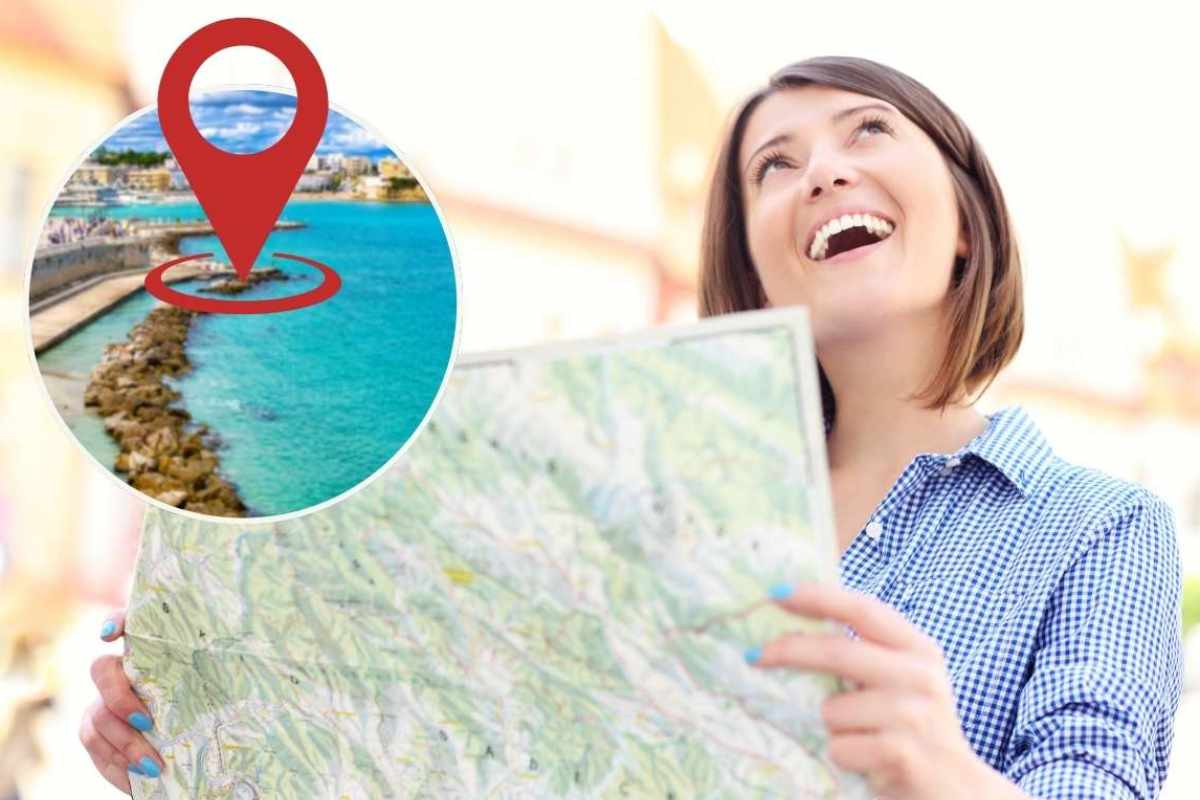 ragazza con mappa in mano, paesaggio nel riquadro