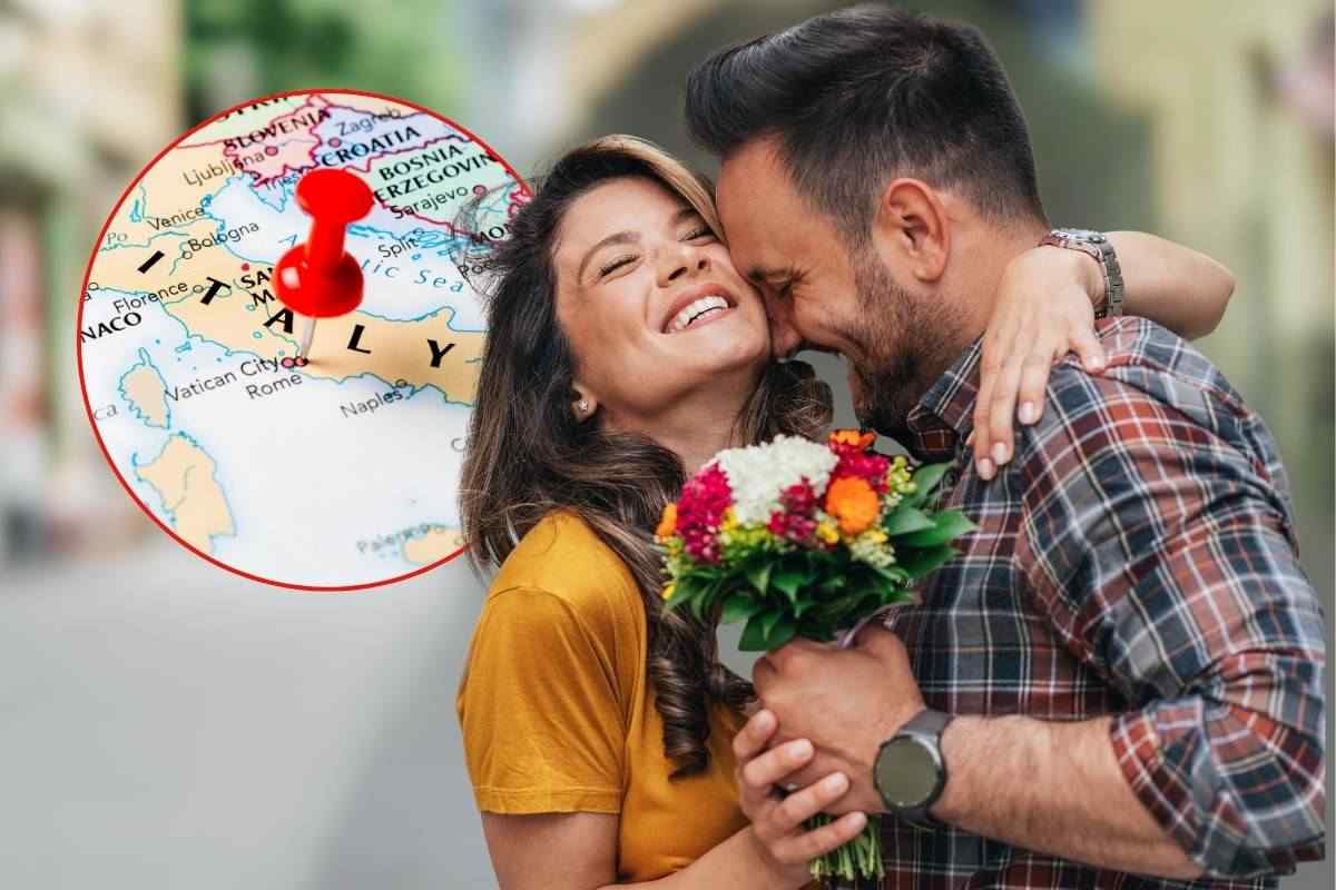 coppia di innamorati e cartina dell'italia nel riquadro