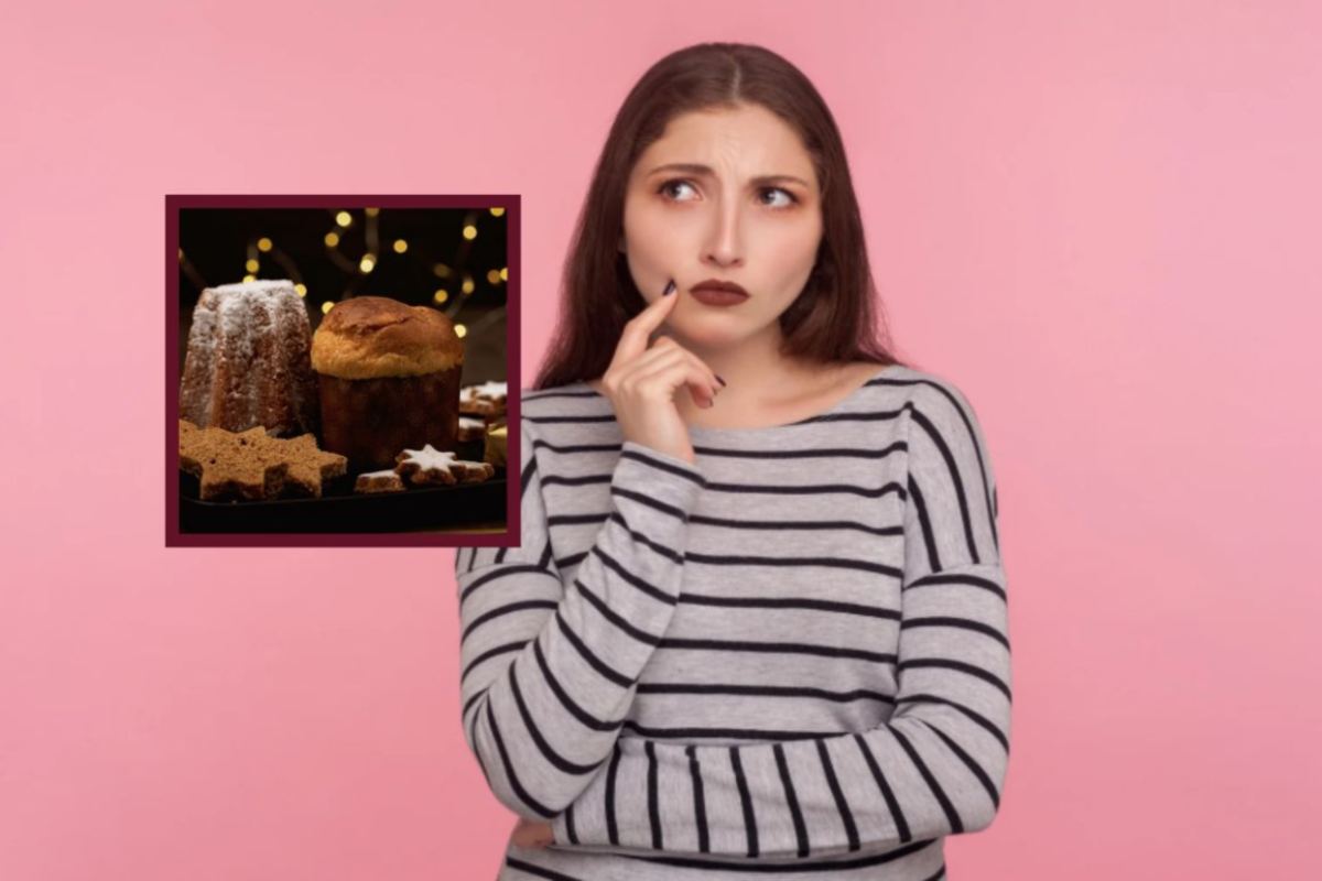 donna con espressione dubbiosa e nel riquadro un pandoro e un panettone