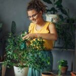 donna che sistema le piante