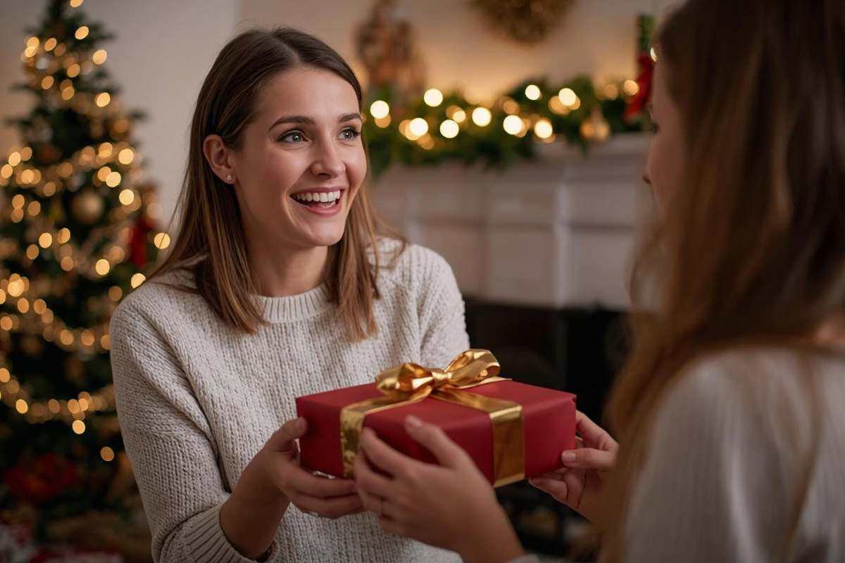donna che consegna un regalo di natale